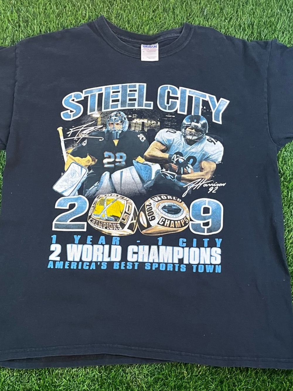 NFL NHL Steel City Pittsburgh Steelers/Penguins 2009 World Champs T-Shirt Mens L